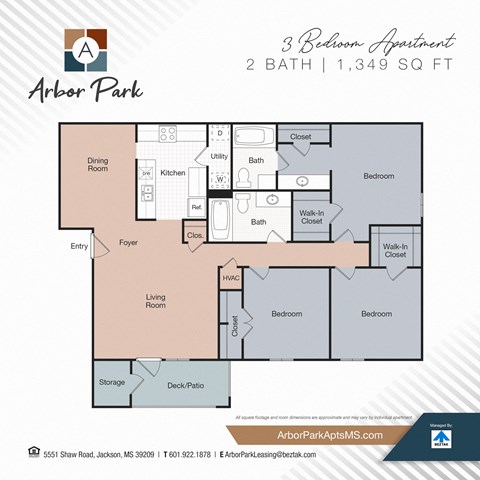 Floor plan for 3 beds, 2 baths, 1349 sqft
